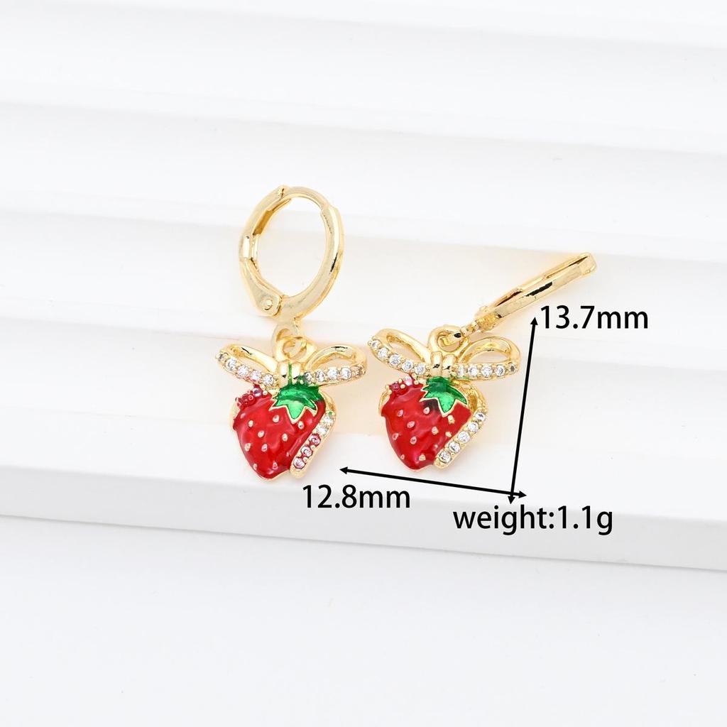 Gold-Plated Copper Strawberry Earrings with Zirconia Drip Oil - DIY Jewelry.