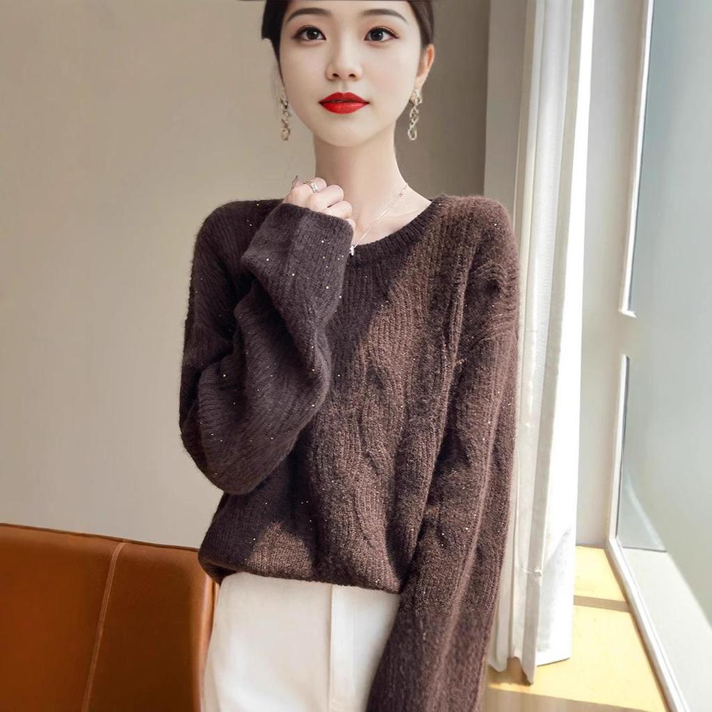 Women's Round Neck Chunky Knit Cashmere Sweater with Sequins, Long Sleeve Fashionable Top for Autumn & Winter