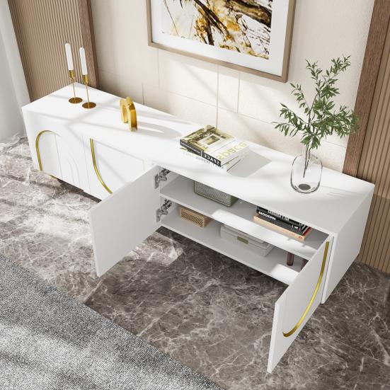 TV Console Table High Capacity Push Type Cabinet with 4 Doors Strong Stand Load-bearing Mid Century Modern Living Room Furniture Television