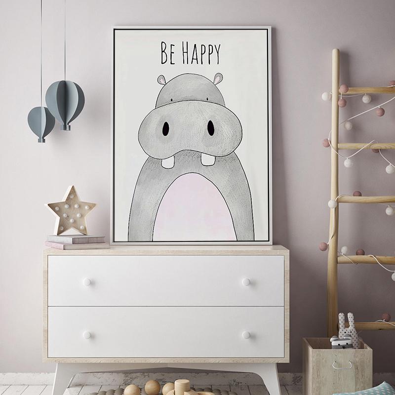 Solid Wood Frame Nordic Cute Cartoon Animal Canvas Painting Picture Be Brave Be Strong Children's Room Kindergarten Kids Wall Art Decor