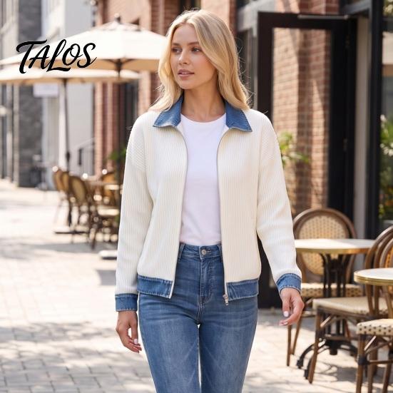 Ribbed Corduroy Top Women Denim Zip-Up Jacket, Long Sleeve Casual Coat, Relaxed Fit Jacket Fall Winter with Contrast Turndown Collar Outerwear