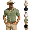 Camicia da Lavoro da Uomo a Maniche Corte con Tasche Multiple Stile Vintage Casual in Miscela Lino Cotone con Bottoni per Uso Esterno e Quotidiano