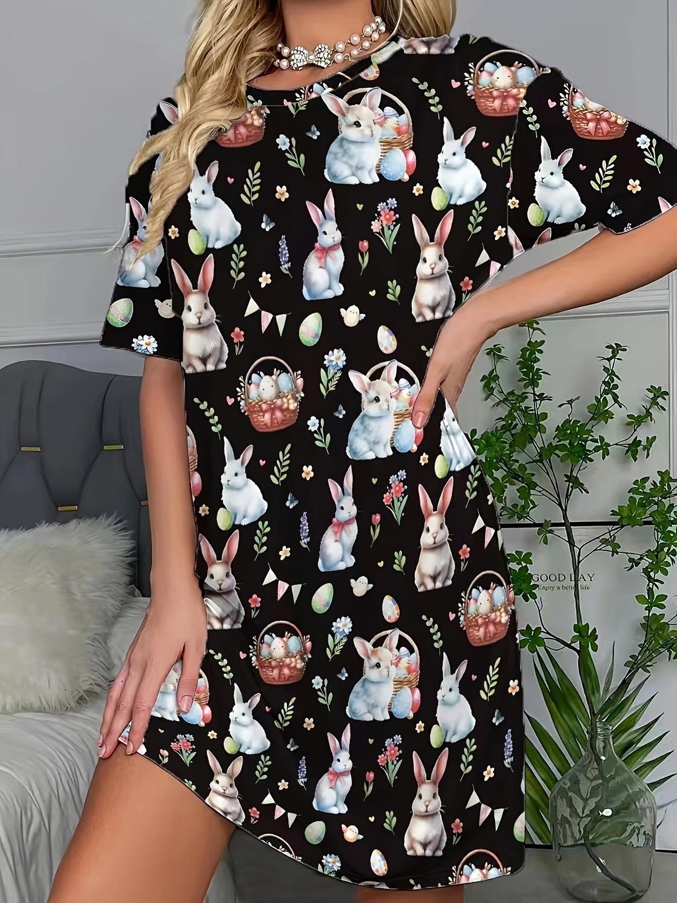 

Loose Short Sleeve Night Dress with Rabbit Print Crew Neck. Animal Pattern. Perfect for All Seasons S дубильная кора