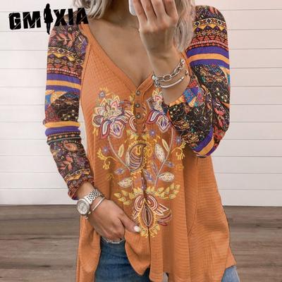 Women's Fashion Casual Summer Solid Color Print Long Sleeve V-Neck Loose Blouses & Shirts