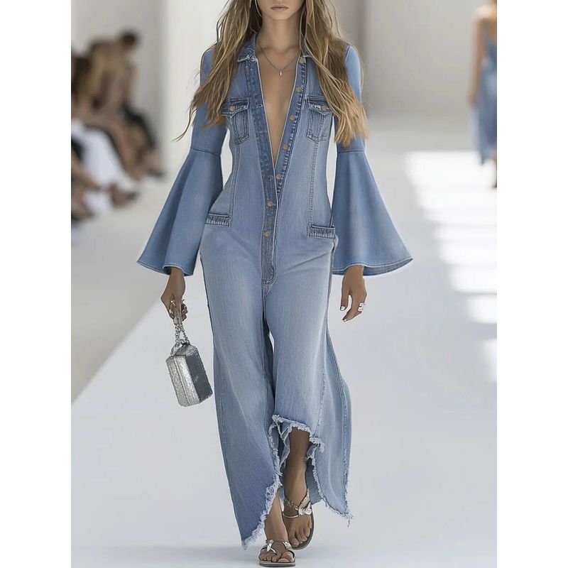

2025 Amazon Wish Cross-Border Autumn and Winter New Women s Loose Solid Color Casual Single-Breasted Denim Jumpsuit Light Blue S
