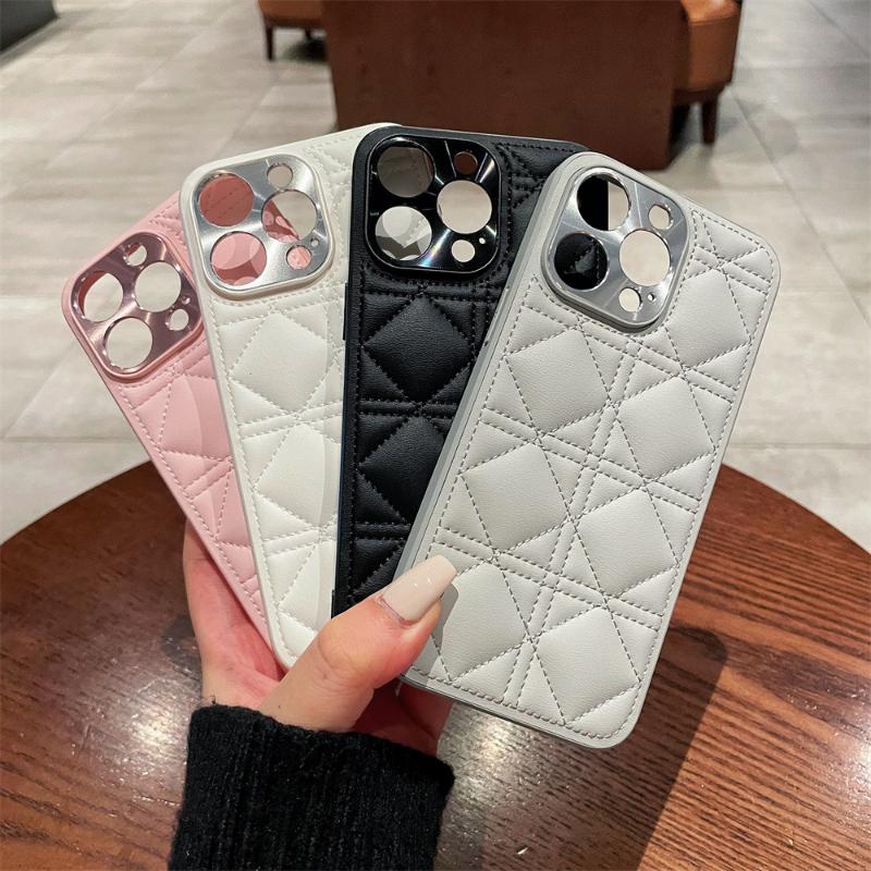 Plated Leather PU Plaid Grid Pattern Phone Case for iPhone 16 Plus and Pro Max