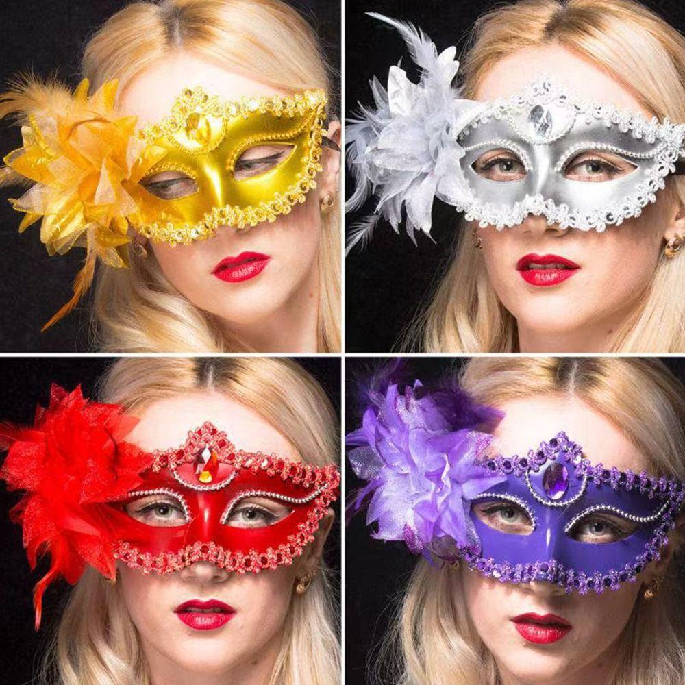 Lady Princess Diamond Decorated Venetian Mask Half Face Sexy Style Feather Mask Flower Design Masquerade Mask Dance Party