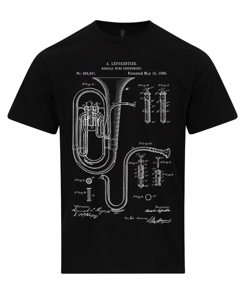 Tuba T-Shirt, Patent Technical Drawing, Brass instrument Shirt