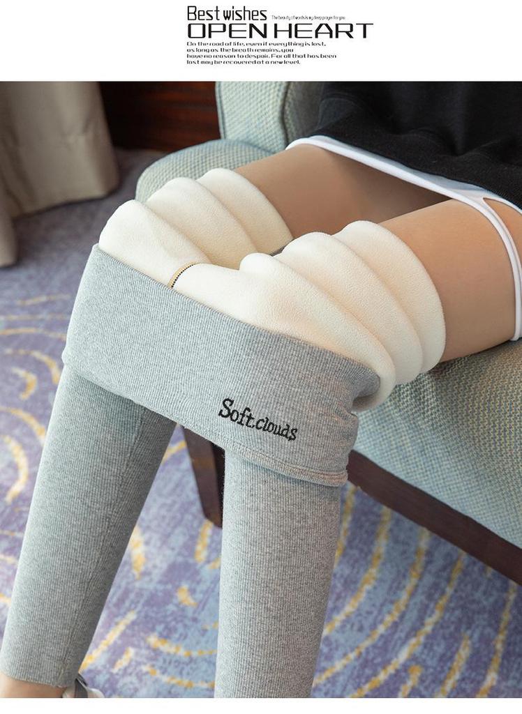 Verdickte Lammwolle Leggings für Damen, Hoher Bund, Bestickter Bund, Fleecegefüttert, Vertikale Streifen, Warme Herbst-/Winterhose.