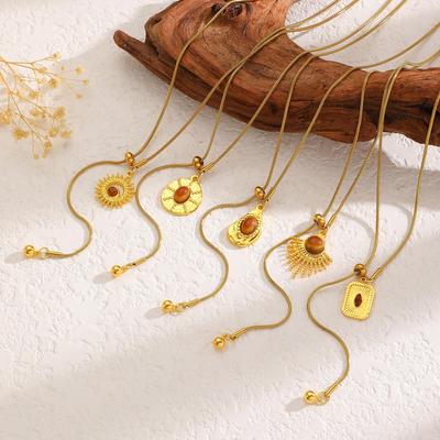 Goldene Sonnenblume Tigerauge Halskette für Damen - Retro Pulloverkette mit melierten Auszieh-Accessoires