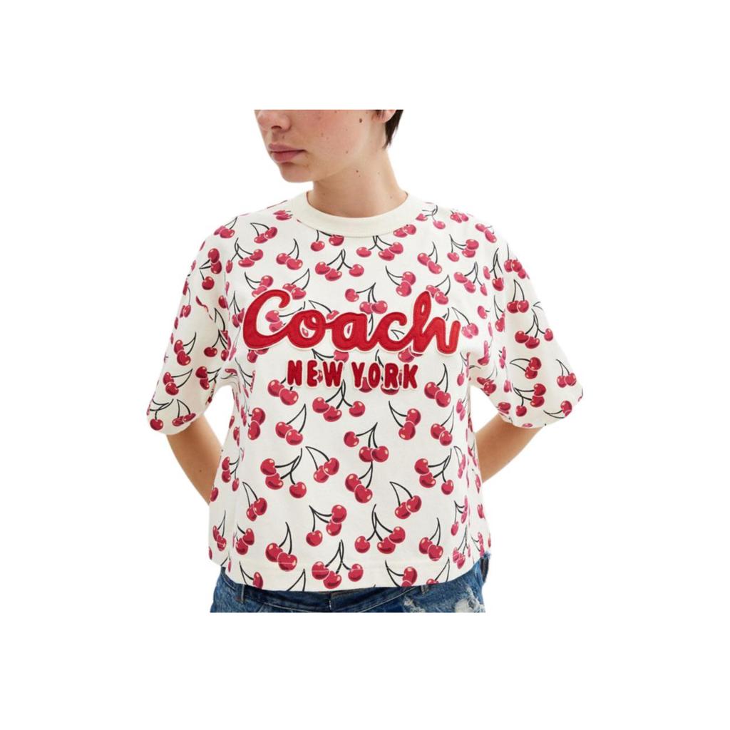 Coach Bawełniany T-shirt damski z nadrukiem wiśni, krótki rękaw, czerwony CZ502-REM