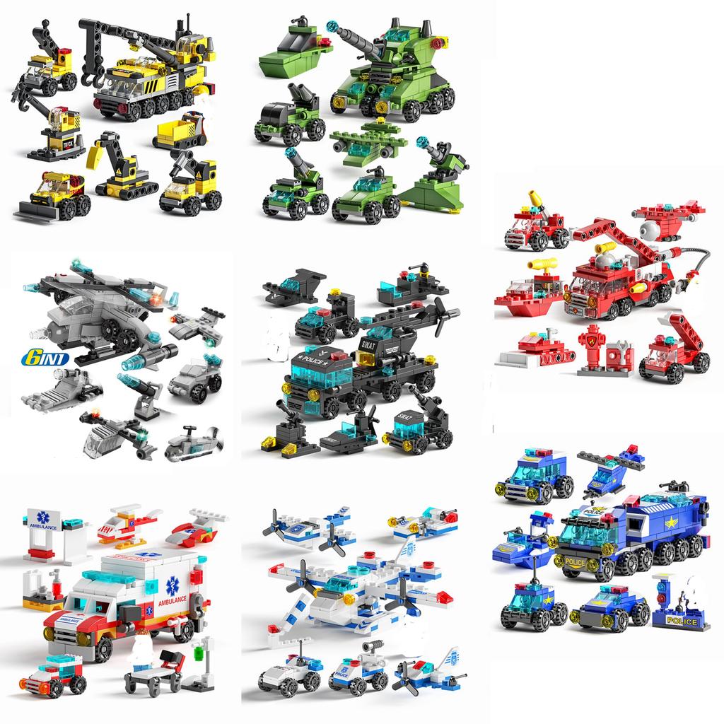 Mini size 6 In 1 Building Blocks DIY Police Car Fire Truck Castle Model Bricks Kids Educational Toys Gifts