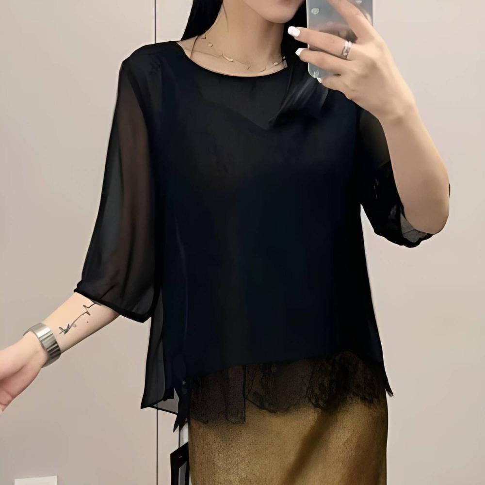 

Модная свободная шифоновая блузка с рукавами три четверти, женская повседневная блузка для защиты от солнца, кружевная, приталенная XXXL чёрный