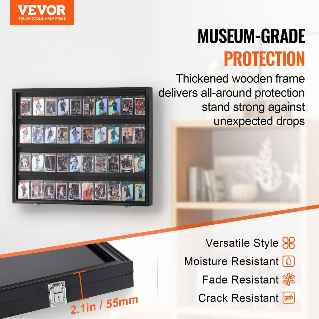 36 Graded Sports Card Display Case, 30.5x24.3x2.1 In, Baseball Card Display Frame with 98% UV Protection Clear View PC Glass, Lockable Wall Cabinet