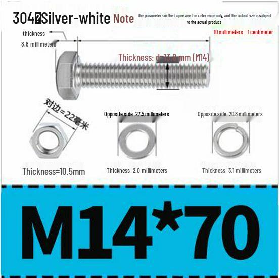 304 Stainless Steel Hex Head Bolt and Nut Set M6-M14, Lengths 8-100mm