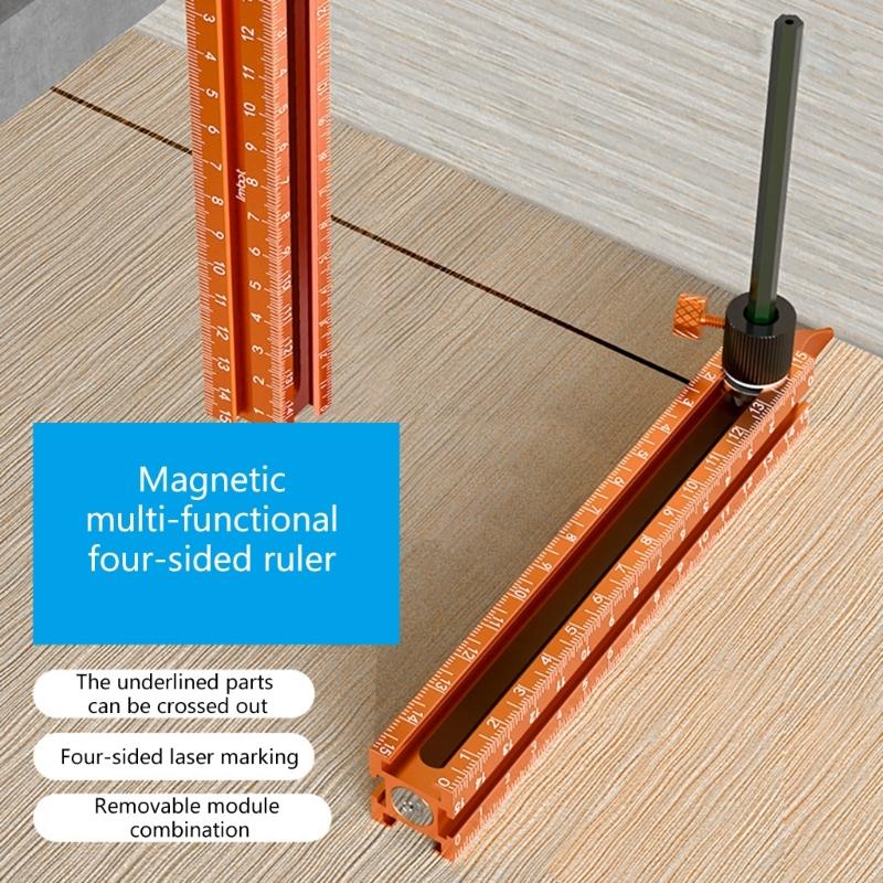 Slide Rails Design Double Head Magnetic Scribing Tool Ruler with 4Sided Clear Scale Marking Tool Portable Guiding Ruler