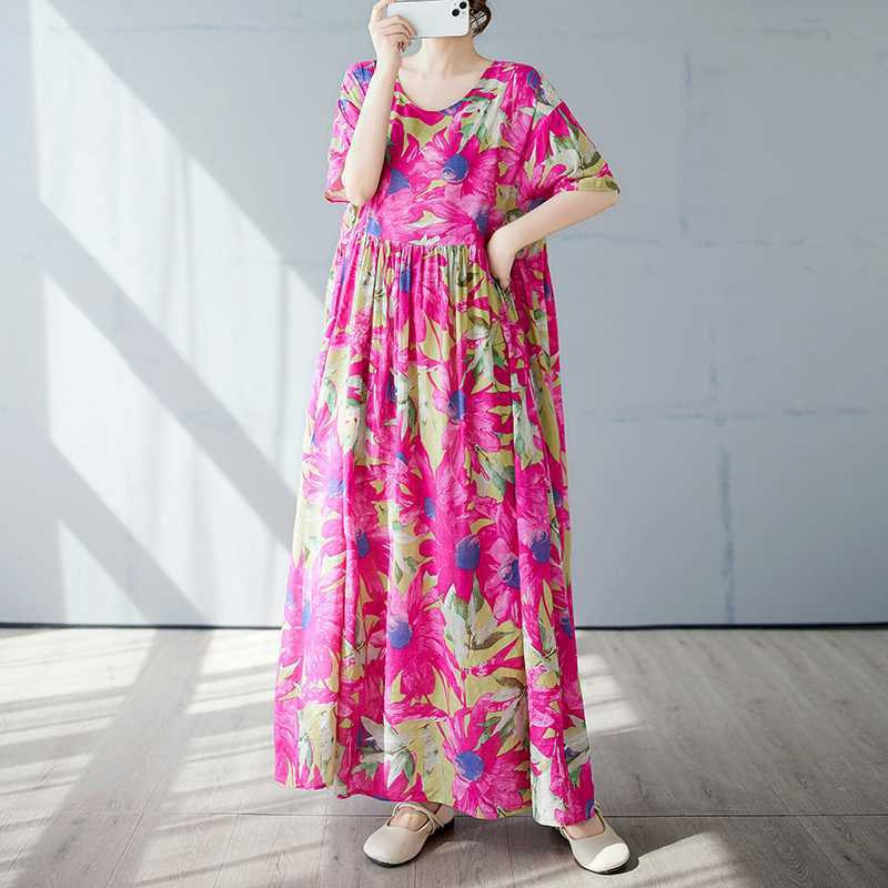 

Простая и модная длинная юбка, летнее платье с короткими рукавами и круглым вырезом с принтом One size