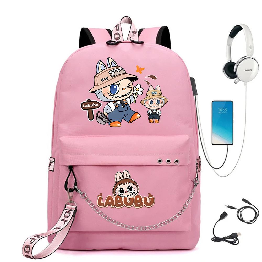 Labubu printed student bag iron chain trend backpack usb bag