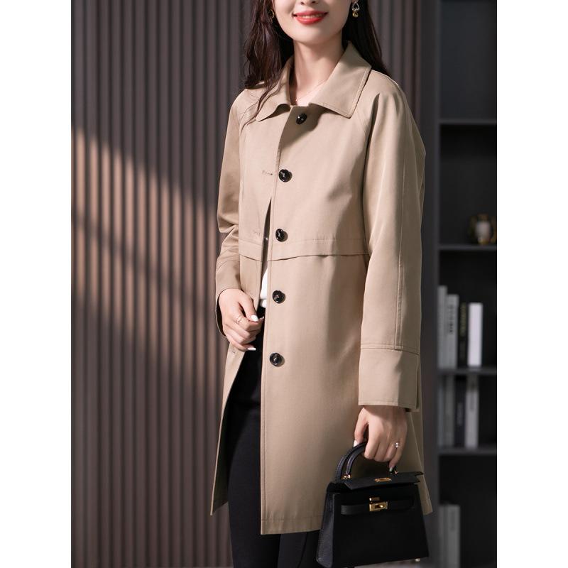 Women's Solid Color Lapel Single Breasted Straight Trench Coat Mid Length Casual Outerwear Jacket