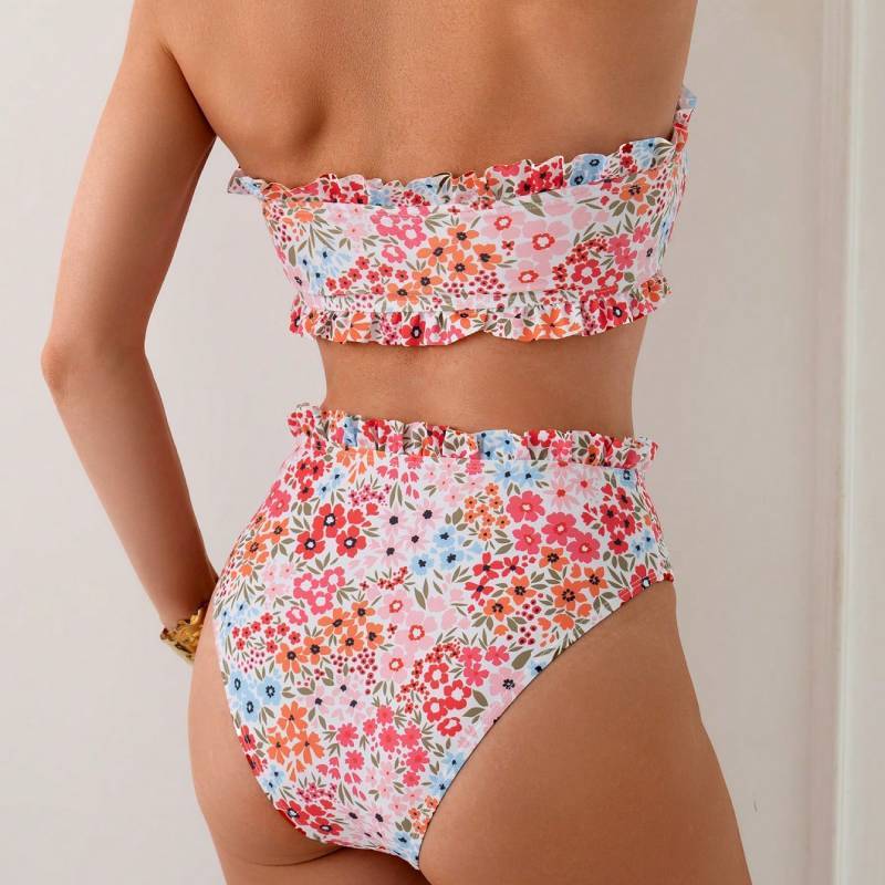 Women Trendy Strappy Bikini Swimsuit With Ruffle Edges For Water Sports And Beachwear