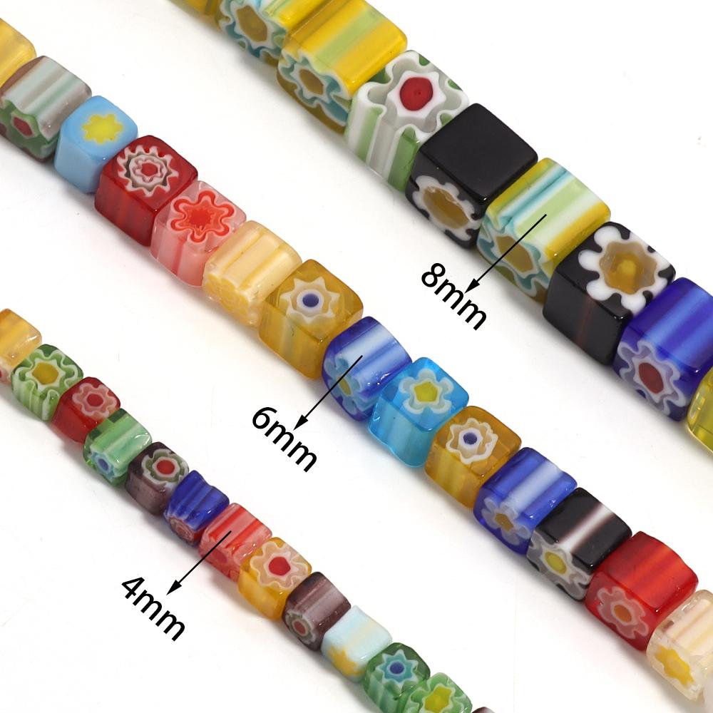 1 Strang Bunte Quadratische Blumen Lampwork Perlen 4-8mm Glas Lose Abstandshalter Perlen Für Schmuckherstellung Basteln DIY Armband Zubehör