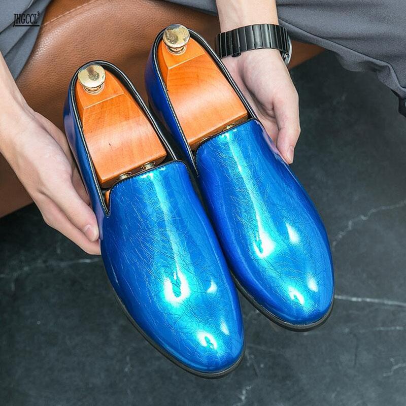 Fashion New wedding shoes high-end glossy casual shoes, ice-crack one-step men's business trendy shoes Zapatos Hombre A19