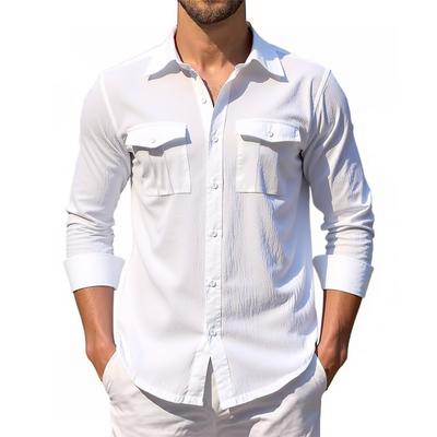 Camisa Clásica de Algodón Lino para Hombre Moda Camisa de Manga Larga con Doble Bolsillo Tops Casuales Solapa Color Sólido Ligera Transpirable Ropa de Hombre a la Moda