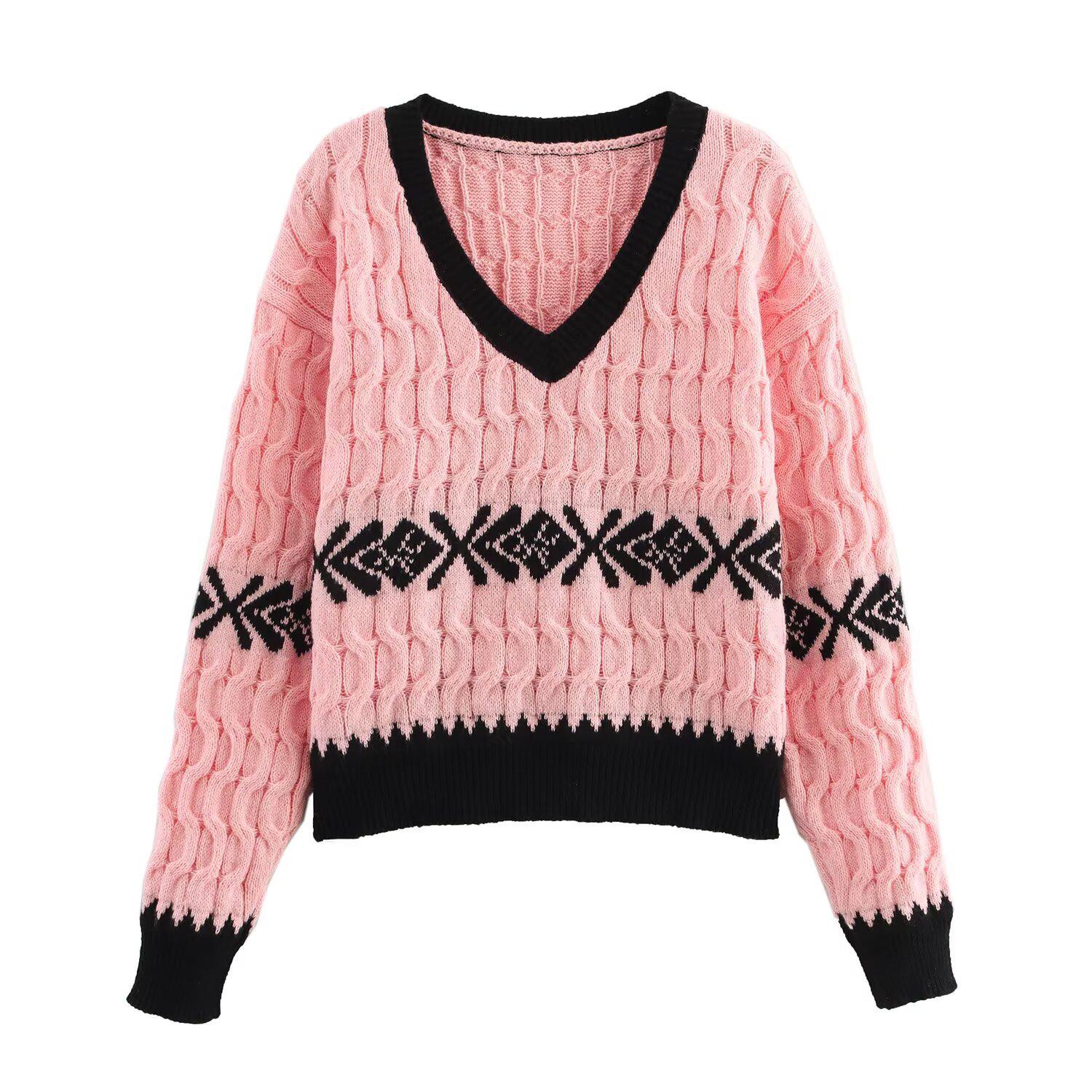 

Весна/Лето 2025 Женский пуловер с V-образным вырезом в европейском и американском стиле - Повседневный, Свободный, С длинным рукавом, Универсальная мода. Medium розовый