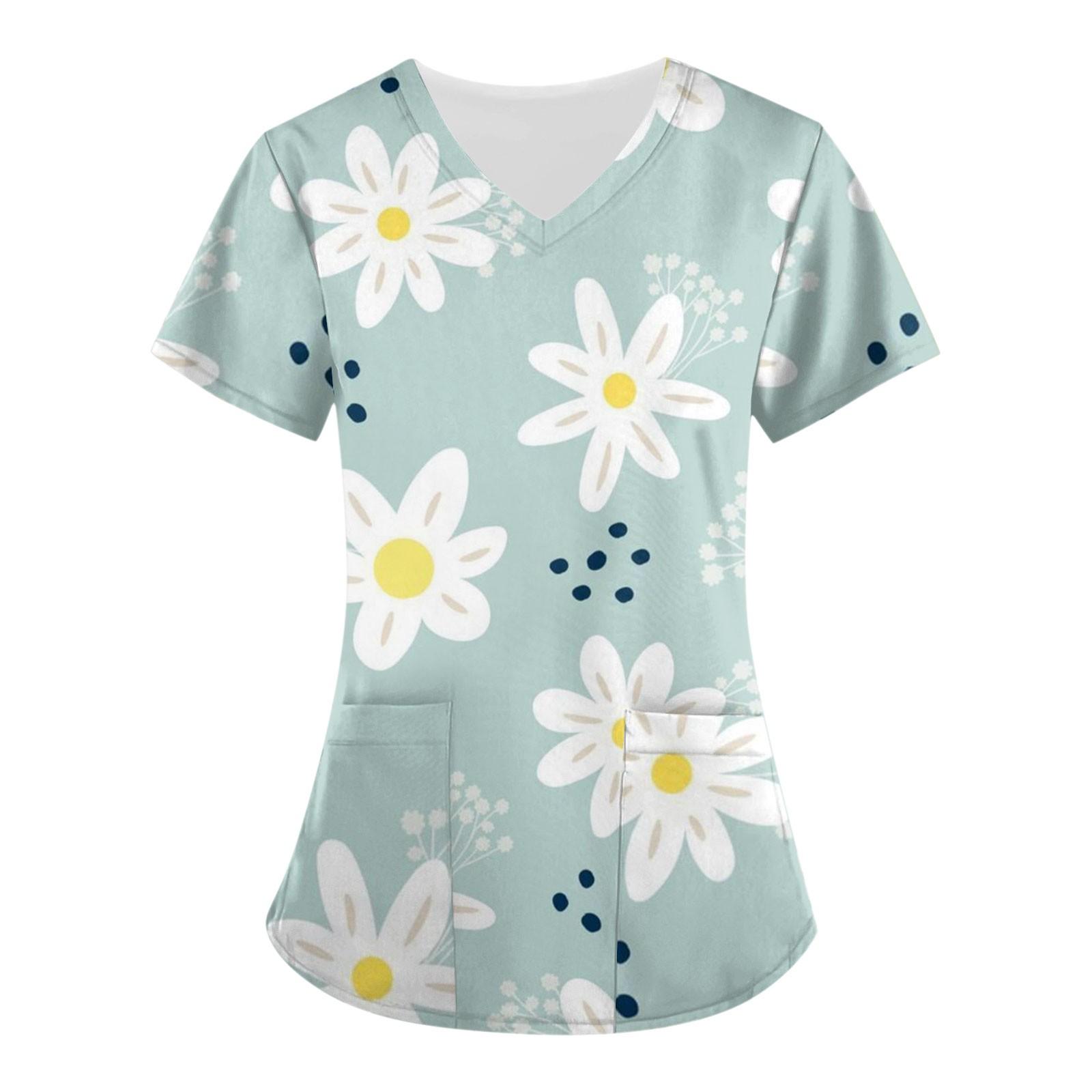 

(SU)Женский модный топ с цветочным принтом, V-образным вырезом, короткими рукавами, рабочая одежда с карманами, топы с принтом, футболки L мятный зеленый