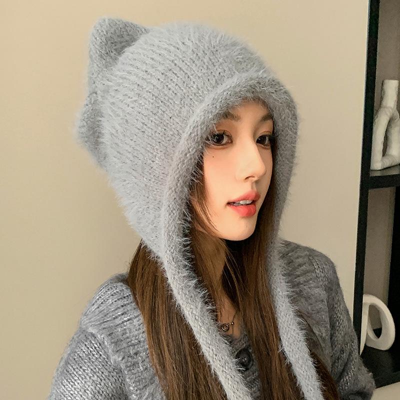 New Rope Cute Cat Ears Knitted Hat Autumn and Winter Warm Ear Protection Hat Fashionable Face Small Wool Hat