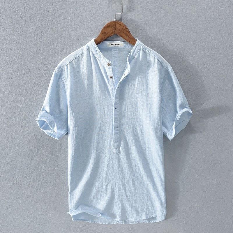 Men Summer Casual Loose Short Sleeve Stand Collar Breathable Linen Shirt