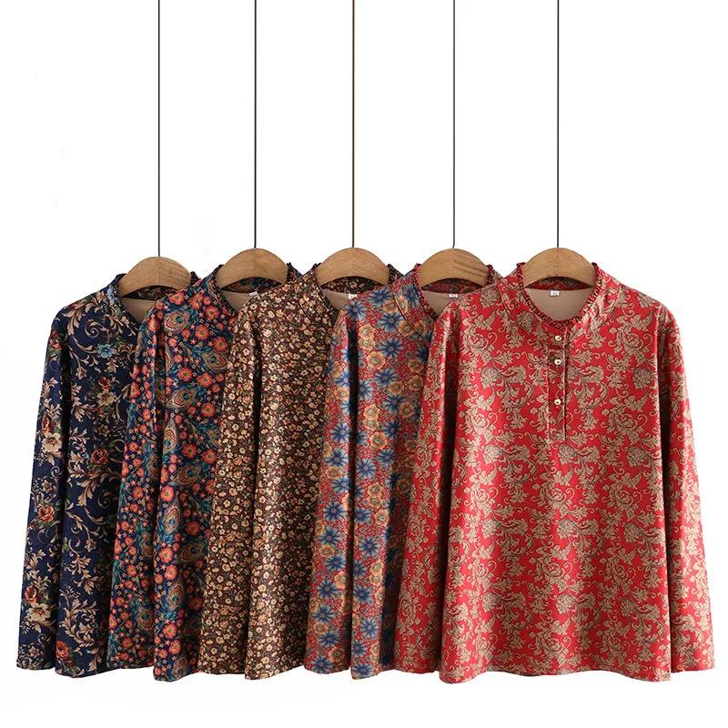 Autumn Bottoming Shirt T-shirt Women's Plus Size Loose Belly Covering Western Style Lace Collar Printed Long-sleeved Top