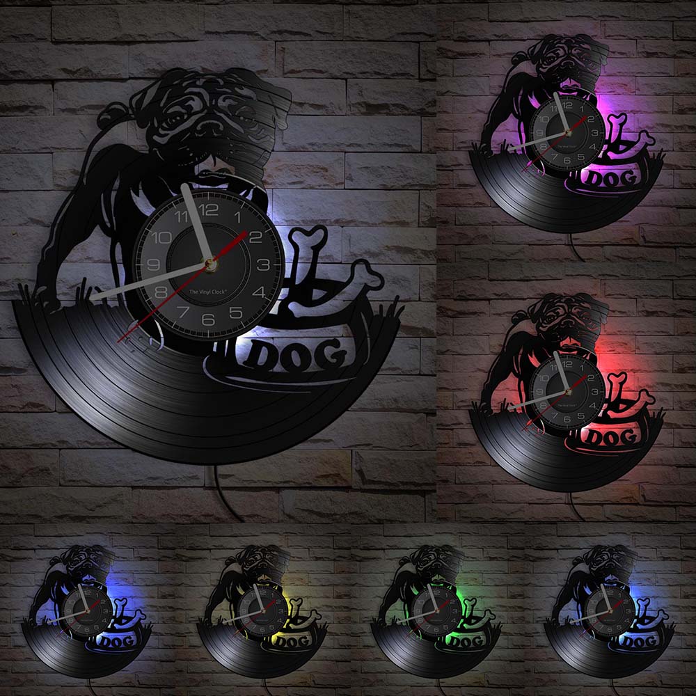 English Bulldog Wall Clock British Dog Breeds Vinyl Record Wall Clock Love My Bulldog Puppy Pug Pet Shop Wall Decor Clock Gift