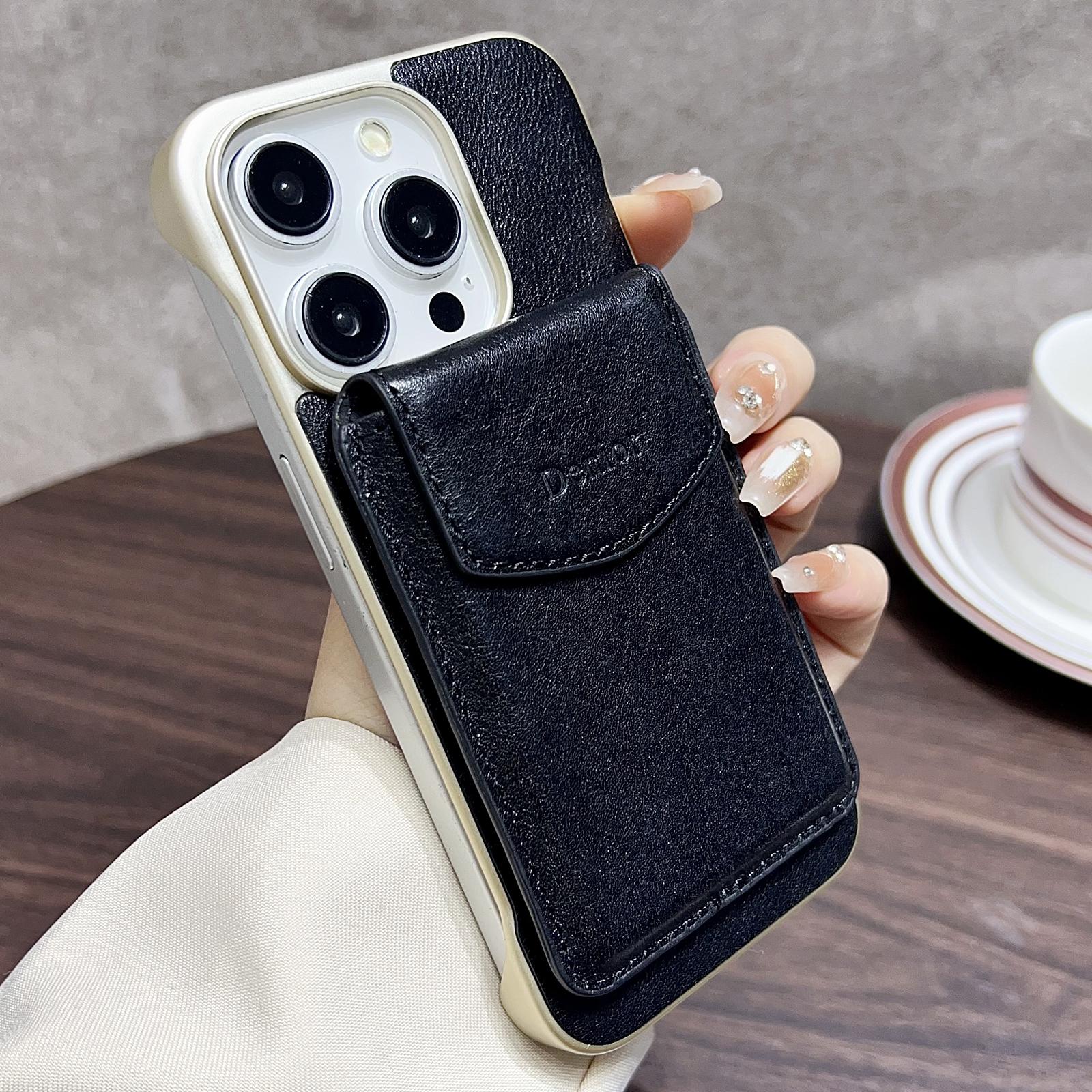 

DENIOR Магнитный чехол из натуральной коровьей кожи для iPhone 16 Pro Max, чехол для телефона с подставкой из ПК и держателем для карт Black