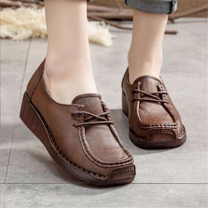 Fashion Women Retro Genuine Leather Flats Sneakers Women Platform Lace Up Flats Shoes Female Wedge Moccasins Woman Casual Shoes