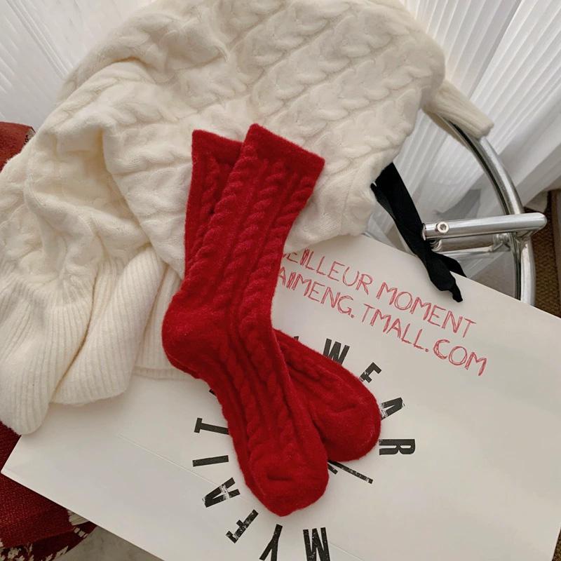 1 Pair Thick Socks for Women Mid Tube Socks Christmas Gift Middle Socks Warm Soft Red White Stripes Winter