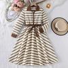 Girls' Fashionable Fall Dresses: Elegant Striped Long-Sleeve Collared Maxi Dress for Kids