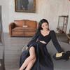 2024 Spring Black V-Neck Long-Sleeve A-Line Dress with Waist and Slit
