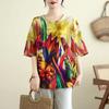 Women Lotus Print Linen Cotton Short Sleeve Top Loose Casual Blouse