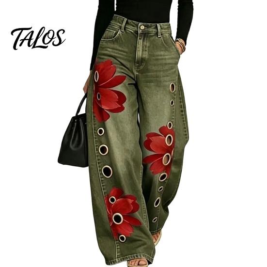 Women Wide Leg Pants High Waisted Jeans, Vintage Floral Print Faux Denim Casual with Pockets Trousers, Loose Fit & Metal Eyelets Street Style Clothing