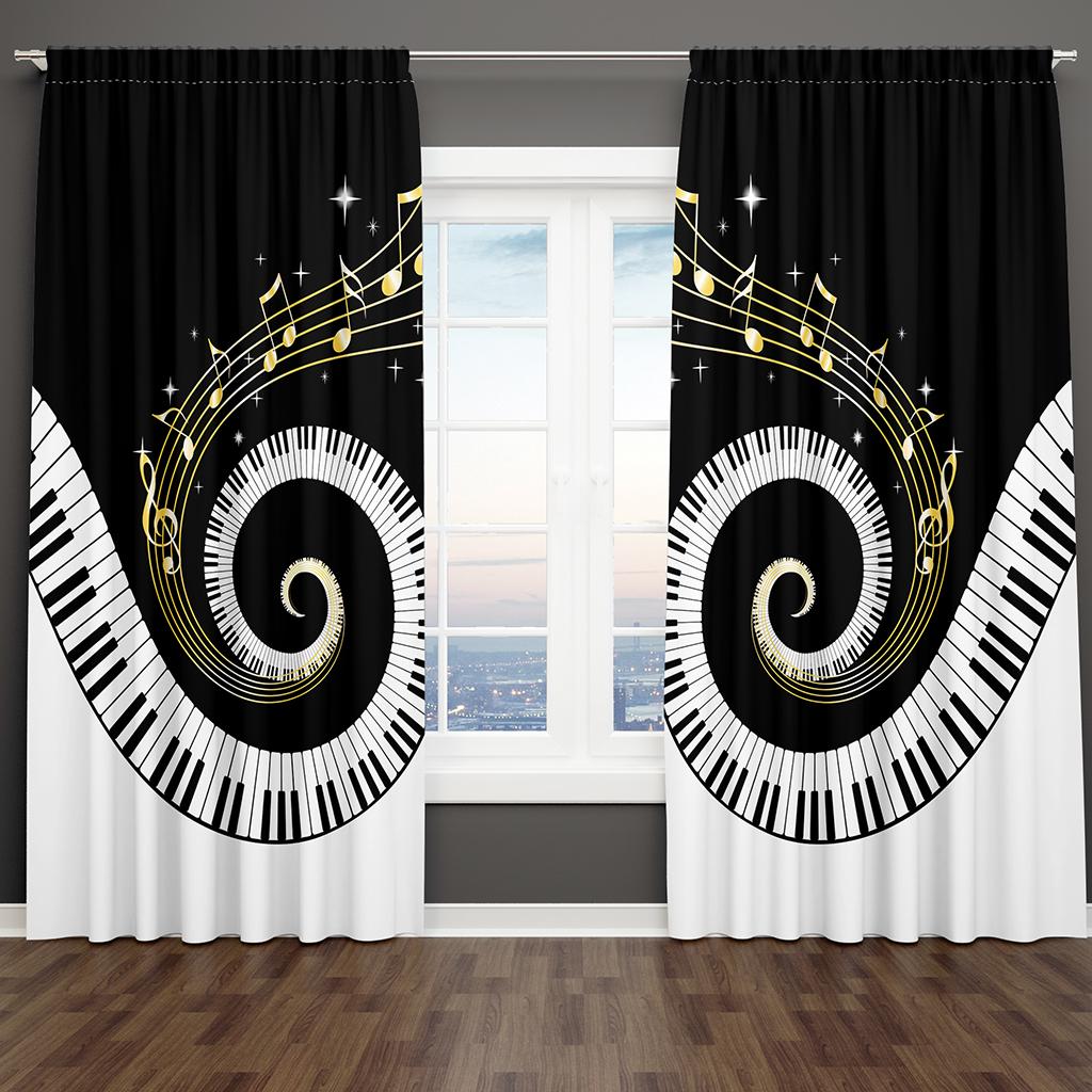 Black Music Abstract Piano Note Art Modern Thin 2 Pieces Light Filtering Curtains for Living Room Bedroom Window Drape Decor