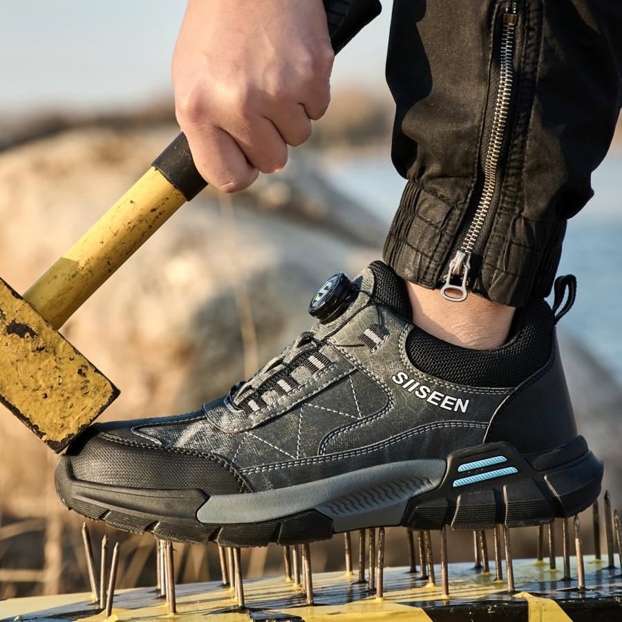 Men's Steel-Toed Safety Shoes With Anti-Crush, Anti-Puncture And Anti-Slip Soles, Fashionable Button Industrial Work Shoes