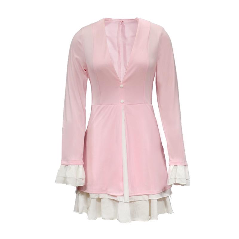 FD761 Women's Sexy V-neck Ruffle Spliced Faux Two-Piece Dress - New European & American Design 2025.