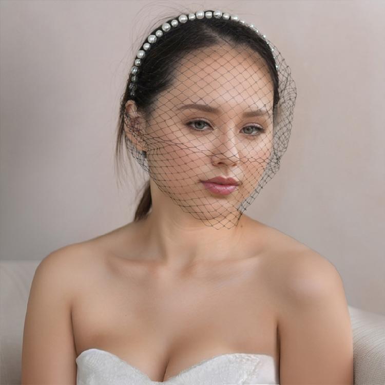 Breathable Face Veil Hairband Bridal Shower Hairhoop Head Accessory with Pearls Decors for Special Occasion Formal Outfit