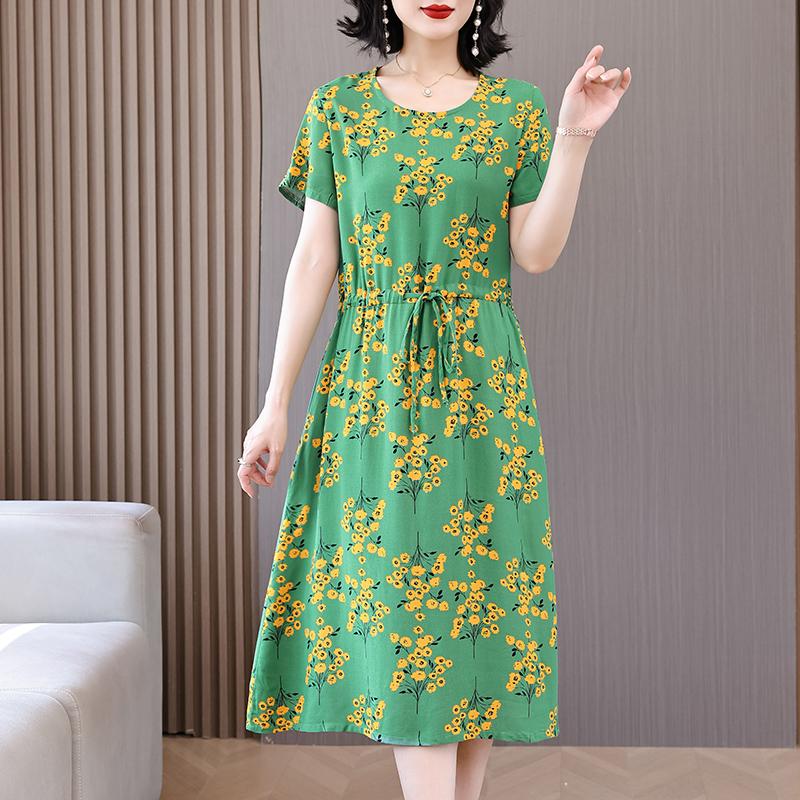 Summer Woman Elegant Dress  New Casual Short Sleeve Korean Style Clothes Women Vintage Print Long Dress