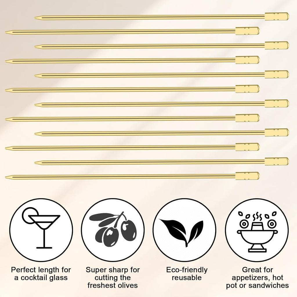 12 PCS Stainless Steel Cocktail Picks, Metal Olive Martini Pick Reble Cocktail Decor Picks for Olives Appetizers Fruits Sandwiches Drink Home Bar