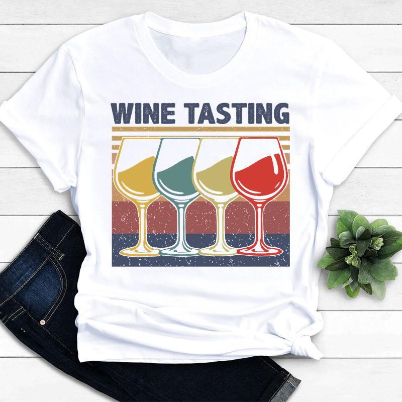 Womens Vintage Tee Color Wine Glass Print a Generation Hair Base Shirt Trend Aesthetic Graphic T Shirts Casual Tops