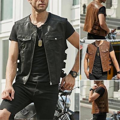 Gilet en Cuir Véritable pour Homme, Gilet Style Biker avec Poches Multiples, Sangles Réglables, Options Noir & Marron