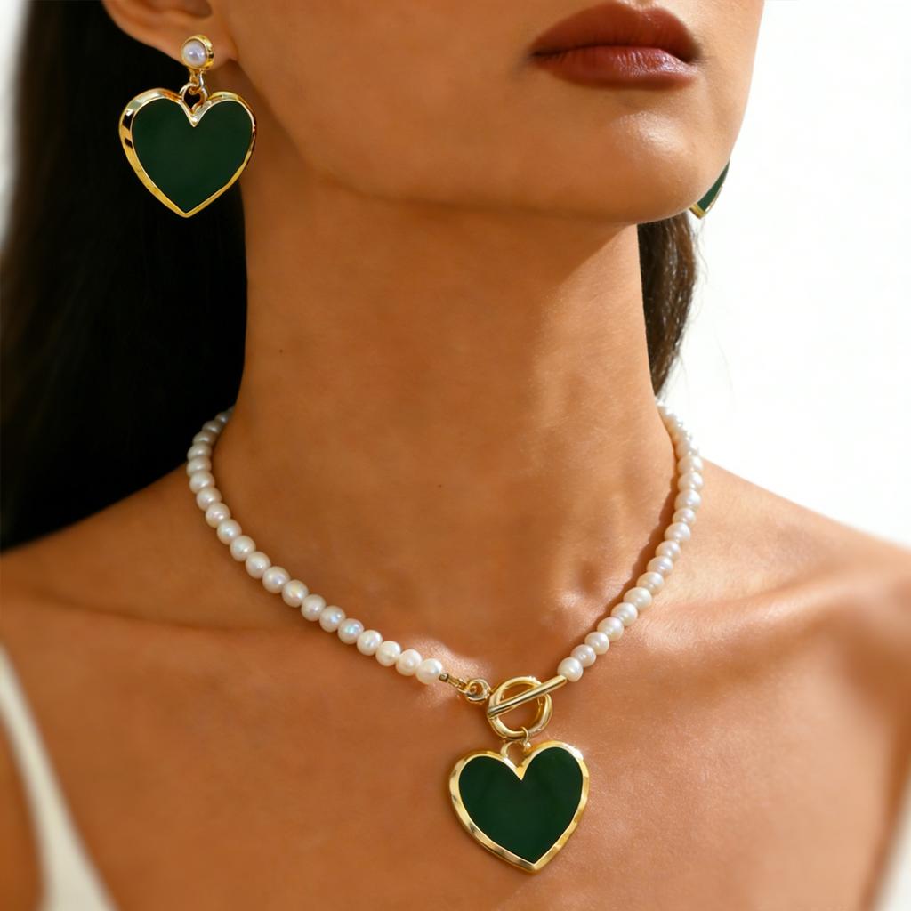 Conjunto de Collar de Perlas y Pendientes con Forma de Corazón Modernos y Elegantes para Mujer, Cadena de Clavícula de Gama Alta de Nicho