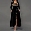 Lady Dress Contrast Colors Plaid Round Neck Patchwork Banquet Dress for Commute